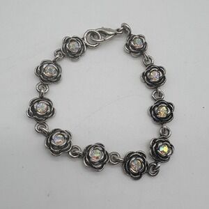 PD Premier Designs Silver Tennis Rose Link Bracelet Aurora Borealis Rhinestone